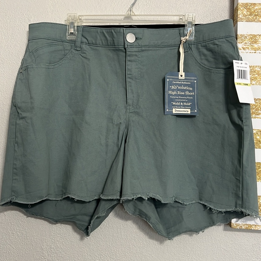 Democracy High Rise Raw Hem Stretch Shorts Plus Sizes Green